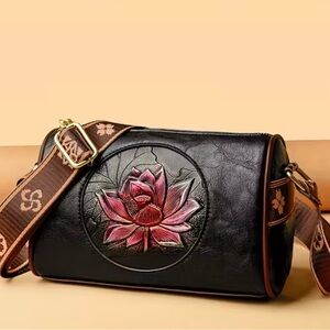 Elegant Black and Pink Floral Embossed Women's Bag